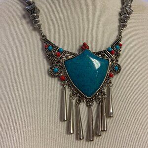 Turquoise with red coral necklace - silver necklace